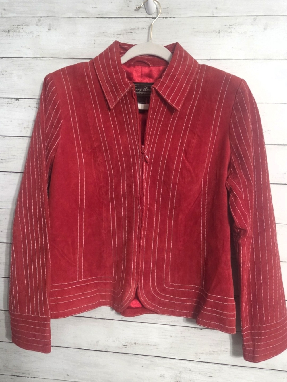 Terry Lewis Vtg Red Leather Suede Contrast Pinstripe Stitch Zip-Front Jacket Sm